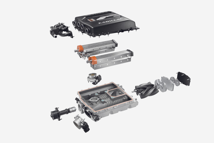 Expanded view of the Escalade-V supercharger. Simulated image shown.