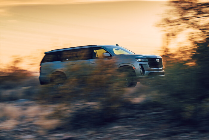 The 2023 Cadillac Escalade-V driving through Arizona roadways.