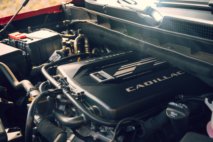 Close up of the 2023 Cadillac Escalade-Vs supercharged 6.2L V-8 engine.